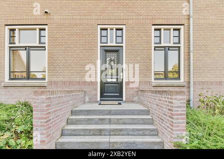 Eleganter Wohneingang mit dunkler Tür mit aufwändigen Glasarbeiten, flankiert von großen Fenstern. Stockfoto