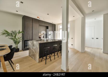 Geräumige, moderne Küche mit eleganten schwarzen Schränken, Marmorarbeitsfläche und Holzfußboden, mit natürlichem Licht. Stockfoto