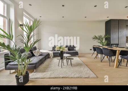 Ein geräumiges, modernes Wohnzimmer mit schwarzem Ledersofa, stilvollen Stühlen, Esstisch aus Holz, Topfpflanzen und viel Tageslicht Stockfoto