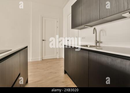 Elegante, moderne Küche mit dunklen Holzschränken, weißem Backsputz und Edelstahlwaschbecken, in neutralen Tönen und schlichten Linien für eine Verachtung Stockfoto