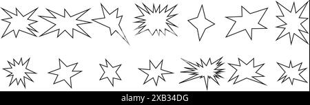 Set aus trendigen, unregelmäßigen Sternen und funkelnden Glitzern. Einfache abstrakte Elemente mit Doodle. Vektorabbildung Stock Vektor