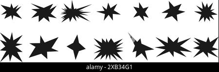 Set aus trendigen, unregelmäßigen Sternen und funkelnden Glitzern. Einfache abstrakte Elemente mit Doodle. Vektorabbildung Stock Vektor