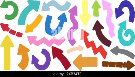Symbole für handgezeichnete kreidete Pfeile gesetzt. Frei von verschiedenen gekrümmten Linien, wirbelt Pfeile. Kritzelmarkierung, Richtungszeiger. Vektor Stock Vektor