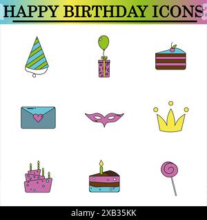 Satz flacher Geburtstagssymbole auf weißem Hintergrund. Symbole zur Feier. Isolierter Vektor. Stockfoto