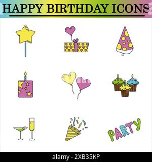 Satz flacher Geburtstagssymbole auf weißem Hintergrund. Symbole zur Feier. Isolierter Vektor. Stockfoto