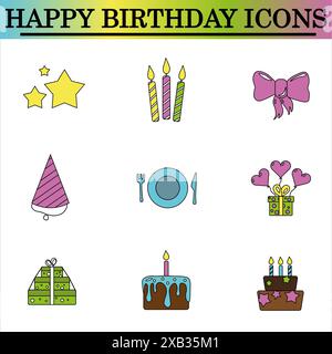 Satz flacher Geburtstagssymbole auf weißem Hintergrund. Symbole zur Feier. Isolierter Vektor. Stockfoto