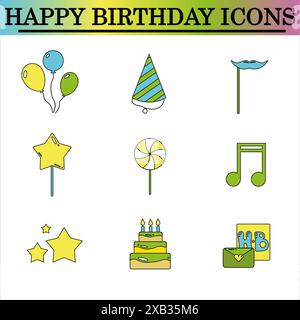 Satz flacher Geburtstagssymbole auf weißem Hintergrund. Symbole zur Feier. Isolierter Vektor. Stockfoto