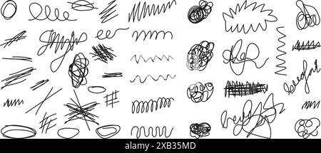 Scribbles und Skizzen, Markierungslinien gesetzt. Handgezeichneter abstrakter Bleistift mit Doodle für Ihr Design. Vektorabbildung Stock Vektor