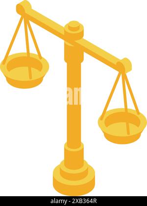 Goldene Waage, die auf weißem Hintergrund steht und Gerechtigkeit und Recht repräsentiert Stock Vektor