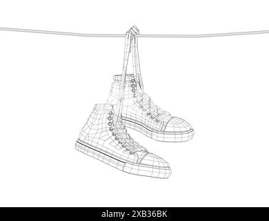 Wireframe Sneakers hängen an einem Seil auf weißem Hintergrund. Vektorabbildung. 3D. Stock Vektor