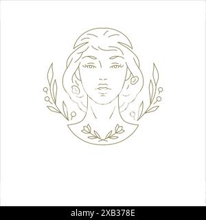 Schönheit elegante antike Göttin florale Frau Gesicht Hand gezeichnet goldene lineare Logo Vektor Illustration. Botanisches Frauenporträt mit Ast Leaves Minim Stock Vektor