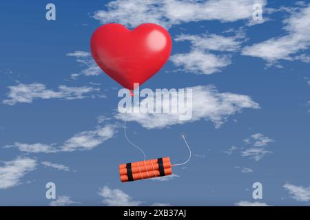 Ein Haufen orangener Dynamit-Stäbchen hängt an einem roten Herzballon in blauem Himmel. Konzept von Romantik-Betrug, Betrug und Beziehungsauflösung Stockfoto