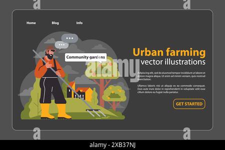 Engagierter Gärtner fördert Gemeinschaftsgärten. Er steht inmitten grüner Bäume in der Nähe von Stadtgebäuden und fördert städtische Grünflächen. Initiative zur kollektiven Landwirtschaft. Illustration des flachen Vektors Stock Vektor