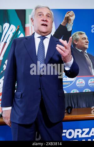 IL segretario di Forza Italia Antonio Tajani durante la conferenza stampa sui risultati delle elezioni europee. Roma, Luned&#xec;, 10 Giugno 2024 (Foto Roberto Monaldo / LaPresse) Sekretär der Partei Forza Italia während der Pressekonferenz über die Ergebnisse der europawahlen. Rom, Montag, 10. Juni 2024 (Foto: Roberto Monaldo / LaPresse) Stockfoto