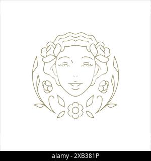 Florales elegantes feminines Frauengesicht mit Blütenpflanze goldene lineare Logo-Vektor-Illustration. Botanisches weibliches Portrait blühende Blütenzweigblätter Stock Vektor