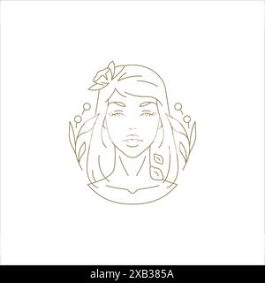 Schönes Frauenporträt mit Blumenzweig und Beeren goldene lineare Logo Vektorillustration. Botanisches elegantes weibliches Gesicht Bio natürliche Pflanze fl Stock Vektor