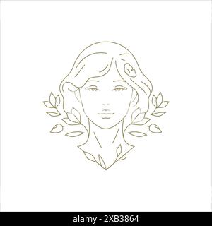Blumenfrauenporträt mit natürlichen Blättern Zweig minimalistische Logo Linie Art Art Vektor Illustration. Romantische Schönheit weibliches Gesicht Blume botanische blos Stock Vektor
