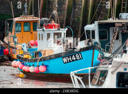 Kleines Fischerboot. Hoch und trocken. Ebbe in Bridport Harbour, West Bay, Bridport, Dorset, Großbritannien Stockfoto