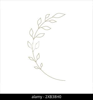 Einfarbiger goldener gebogener Baumzweig mit Blättern Linie Art Dekorelement für Logo Design Vektor Illustration. Minimalistisch konturiertes, üppiges Grün in botanischem Stil Stock Vektor