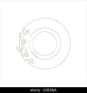 Flourish botanischer Kreis Rahmen mit Blume Hand gezeichnet Linie Kunst dekoratives Element für Logo Vektor Illustration. Eleganter Schwarzweiß-Rundrahmen mit Stock Vektor