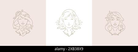 Botanisches schönes Frauenporträt mit Blumen Set einfache minimale Linie Art Logo Vektor Illustration. Elegantes einfarbiges weibliches Gesicht Blüte Natur p Stock Vektor