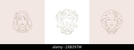 Elegantes botanisches Schönheitsfrauenporträt mit Blumenlinie Art Set für einfache Logo Poster Vektor Illustration. Wunderschönes weibliches Botanik-Gesicht mit Blüte Stock Vektor
