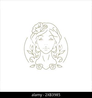 Frauenporträt mit eleganter Blume im Haar goldene monochrome lineare Logo-Vektor-Illustration. Weibliches Gesicht botanischer Blütenzweig handgezeichnet minimali Stock Vektor