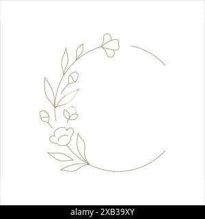 Botanischer Blütenblumenkranz mit Blättern Hand gezeichnete Linie Art runder Rahmen für Logo-Vektor-Illustration. Eleganter blumenschmuck mit natürlichem Design Stock Vektor