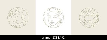 Romantisches elegantes weibliches Gesicht mit Blume im goldenen Kreis Rahmen Linie Kunst Logo Set Vektor-Illustration. Wunderschönes Frauenporträt mit Bio-Natur f Stock Vektor