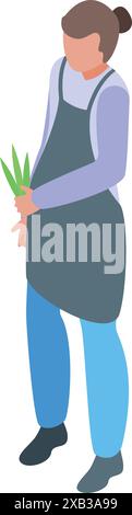 Eine junge Gärtnerin hält eine kleine Pflanze und beginnt vielleicht ein neues Blumenbeet Stock Vektor