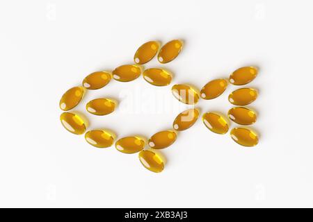 Orange gelbe Fischöl-Weichgel-Kapseln, die die Form eines Fisches auf weißem Hintergrund bilden. Konzept von Omega-3, Vitaminen und Nährstoffergänzung Stockfoto