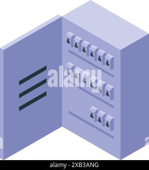 Isometrische Ansicht einer offenen elektrischen Schalttafel mit Leistungsschaltern für die Energieverteilung in Haushalten Stock Vektor