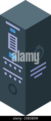 Schwarzer Server-Tower, der mit einer isometrischen Datenansicht auf weißem Hintergrund betrieben wird Stock Vektor