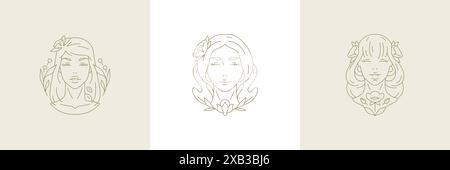 Blumen schöne Frau Porträt botanische Blüte Linie Kunst Logo Satz Vektor Illustration. Minimalistisches weibliches Gesicht mit natürlicher Bio-Pflanzenbotanik für Stock Vektor