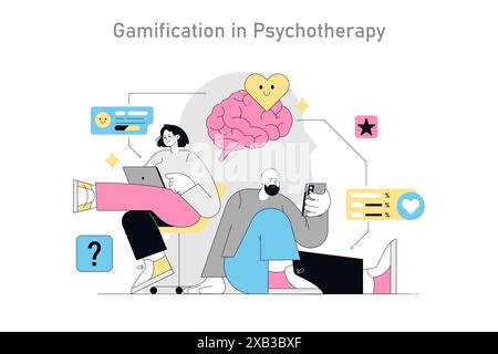 Gamification im Psychotherapiekonzept. Therapeuten, die Spielelemente in die Behandlung einbeziehen. Einbindung der Klienten in die Heilung der psychischen Gesundheit. Vektorabbildung. Stock Vektor