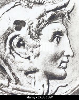 Alexander der große. Bild auf einer attischen Silbertetradrachme aus dem späten 4. Jahrhundert v. Chr. Foto aus der Mitte des 20. Jahrhunderts. Stockfoto