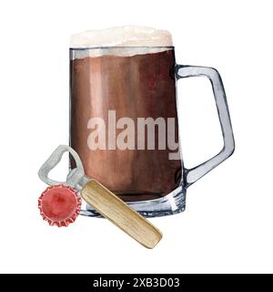 Zusammensetzung mit geformtem Glas Bier und mit Flaschenöffner aus Stahl und Flaschendeckel Stockfoto