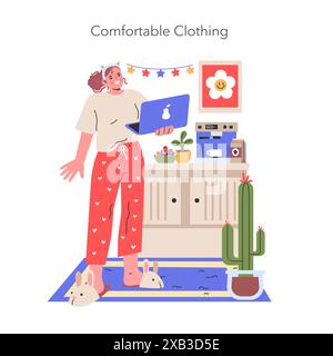 Bequeme Kleidung Illustration Ein Inhaltsersteller genießt die gemütliche und kreative Freiheit eines Home Office, das in lässiger Kleidung für Produktivität und Stil gekleidet ist Vektor Illustration Stock Vektor
