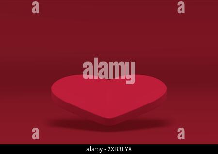 Rotes Herz schlankes fliegendes 3D-Objekt abstraktes Podium Valentinstag festliche Feier realistische Vektor-Illustration. Liebe verliebte romantische Beziehung Stock Vektor