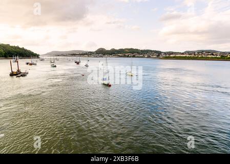 Salingboote legen bei Sonnenuntergang im Sommer an Bojen im Hafen von Conwy fest Stockfoto