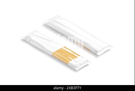 Weißes Papier, Transparentpackung mit Spaghetti-Pasta-Mockup, isoliert, 3D-Rendering. Leere Beutelpackung mit italienischem Fettuccine-Modell, Seitenansicht Stockfoto