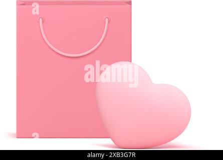 Romantisches Geschenk Liebe Feiertagsfeier rosa Herz Einkaufstasche 3D Icon realistische Vektor-Illustration. Geburtstagspaket feierlicher Glückwunsch Stock Vektor
