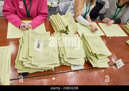 10. Juni 2024, Hamburg: Wahlhelfer in den Messehallen zählen die Stimmen nach der Landtagswahl. Foto: Georg Wendt/dpa Stockfoto