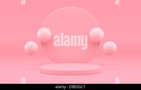 Feiertagsparty Podium rosa Luftballon Zylinder Stadium 3D Mode Werbung Konstruktion realistische Vektor Illustration. Podestal Happy Birthday Producc Stock Vektor