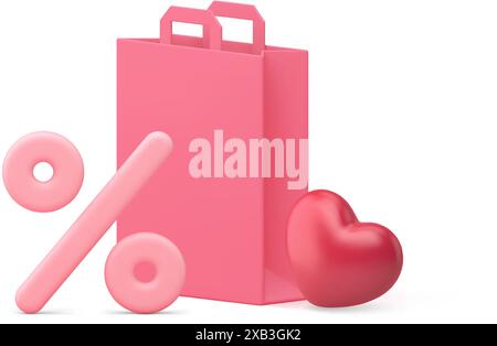 Einkaufsverkauf Herz Prozent Paket Feiertagsfeier 3D Icon realistische Vektor Illustration. Saisonaler Rabatt Valentinstag Geschenk Glückwunsch Stock Vektor