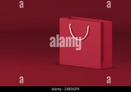 Weihnachtsgeschenk Papier Einkaufstasche rote Grußfahne 3D Design realistische Vektorillustration. Geburtstagsjubiläum Weihnachtspaket mit ha Stock Vektor
