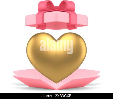 Rosa offene Geschenkbox goldenes Herz Valentinstag romantische Feiertagsfeier 3D Icon realistische Vektor-Illustration. Geschenk Karton Behälter Liebe Emaille Stock Vektor