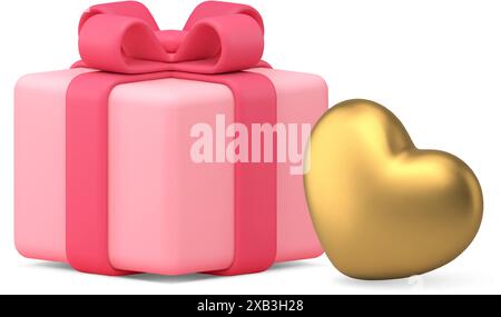 Präsentieren Sie rosa Paket mit goldenem Herz Valentinstag Glückwunsch 3D Icon realistische Vektor Illustration. Geschenkbox mit Schleife und romantischem Feiertagsjubiläum Stock Vektor