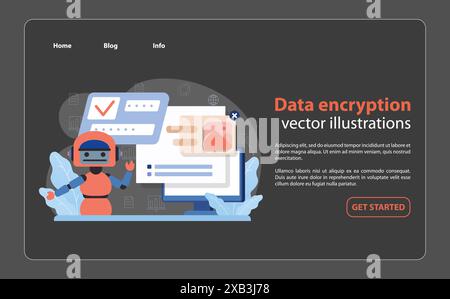 Konzept der Datenverschlüsselung. Der Roboter präsentiert einen Monitor, der Passwortfelder und Bildfehler anzeigt und die Bedeutung einer sicheren Datenverarbeitung verdeutlicht. Blaue und neutrale Töne unterstreichen das Thema Technologie. Stock Vektor