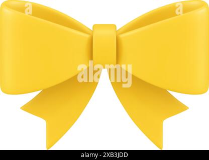 Gelbe Schleife glänzend gebunden Gewebe Knoten für Feiertagspräsent Paket 3D Symbol realistische Vektor-Illustration. Hochwertiges Geburtstagsgeschenk mit festlichem Band Stock Vektor